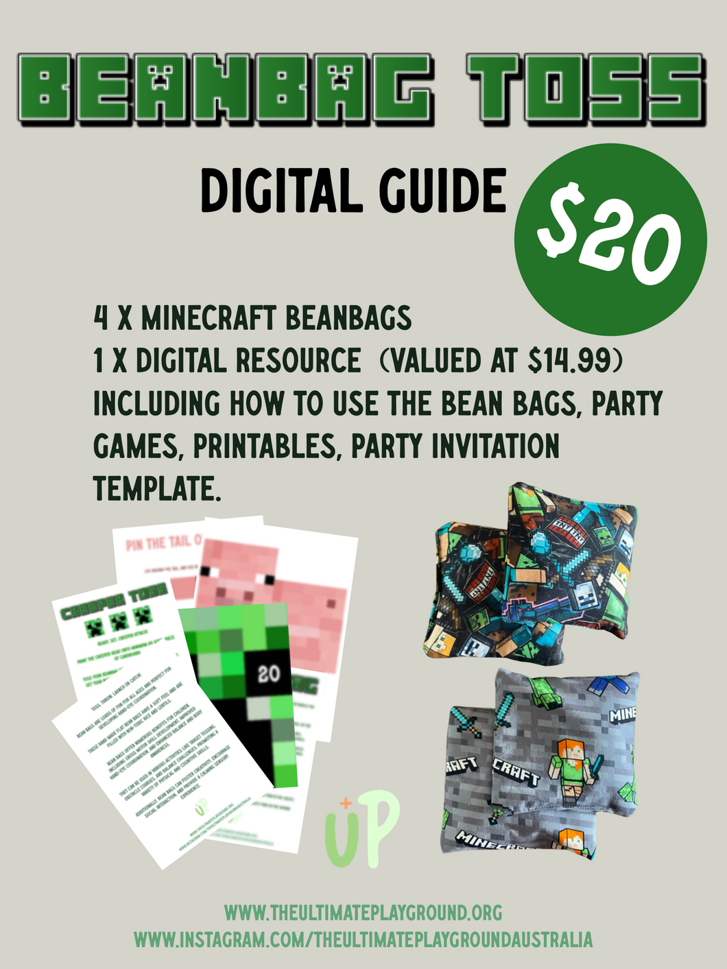 4 Pack Minecraft Beanbags with Digital Guide